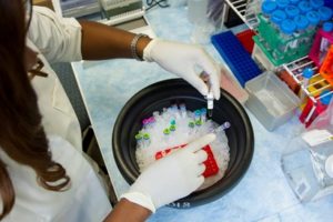 Technician preparing drugs for clinical trial