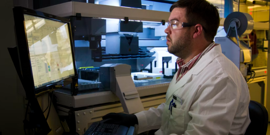 running-data Scientist running data in a lab.